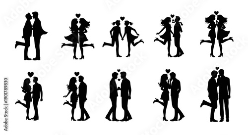 Collection of silhouettes of couples in various romantic poses