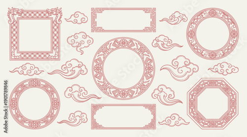 East Asian decorative frames with clouds, floral motifs, geometric borders in square, circle, rectangle, and octagon shapes, elegant cultural design in muted tones.