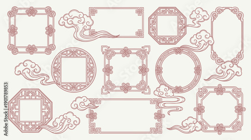 East Asian decorative frames with clouds, floral motifs, geometric borders in square, circle, rectangle, and octagon shapes, elegant cultural design in muted tones.