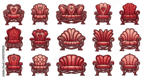 Collection of luxurious vintage red velvet armchairs with ornate details