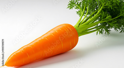 A fresh, organic carrot with vibrant green leafy tops, isolated on a clean white background, perfect for healthy eating and cooking