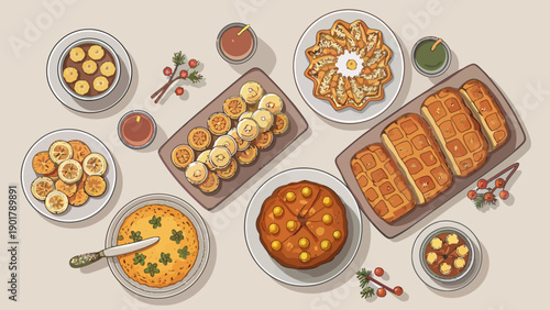Flat Lay Illustration: Festive Holiday Food Table, Abundant Celebration Meal, Family Gathering, Traditional Feast, Cozy Atmosphere, Top View Perspective