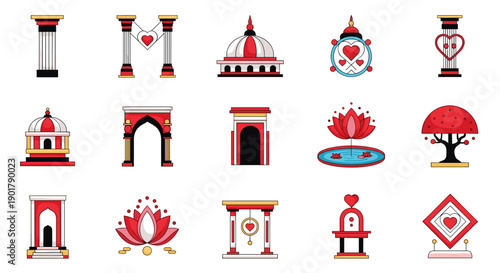 Collection of traditional chinese temple lanterns and decorative ornaments