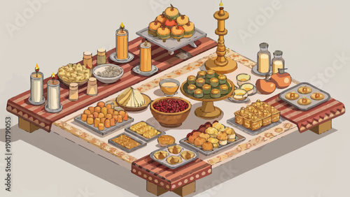 Isometric Illustration: Traditional Meal Table Setting, Family Gathering, Festive Food Spread, Cultural Celebration, Warm Hospitality, Cozy Home Environment, Abundant Dishes