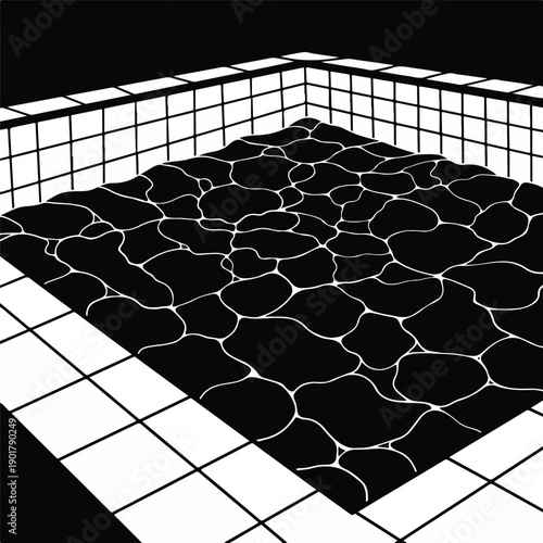 Empty swimming pool with cracked black surface and tiled walls