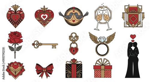 Collection of romantic and lovethemed icons with hearts and gifts