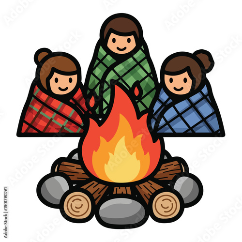 A cartoon image of three people sitting by a campfire