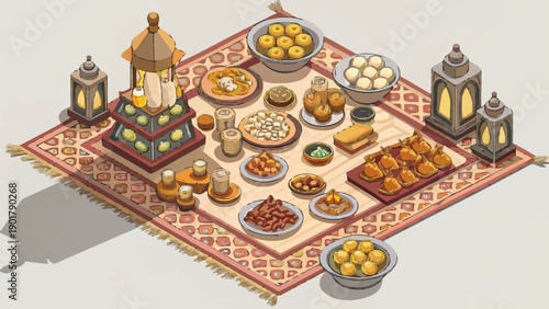 Premium flat vector illustration of a festive dining scene, showcasing delicious traditional food and drinks with warm colors. Perfect for culinary blogs, restaurant menus, and holiday greetings.