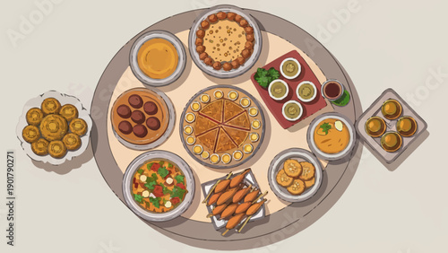 Modern minimalist illustration of a Middle Eastern festival celebration, featuring clean lines and bright colors, embodying a sense of festivity and cultural heritage. Ideal for marketing and editoria