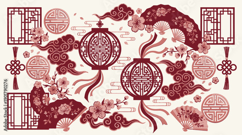 Red Chinese lanterns with plum blossoms, fans, clouds, knot ornaments, circular motifs, 福 (fortune), festive symmetrical design for Lunar New Year celebration.