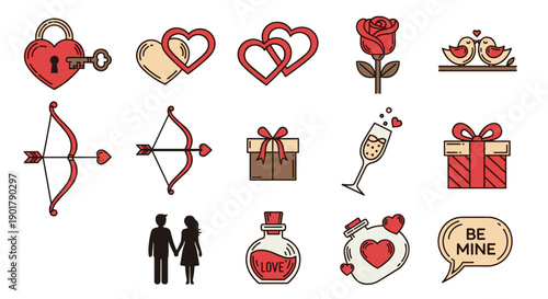 Collection of romantic and lovethemed icons and symbols