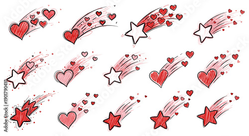 Collection of romantic love hearts and stars with red and pink colors