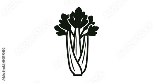 A stylized black and white illustration depicts a single stalk of celery with leafy greens at the top