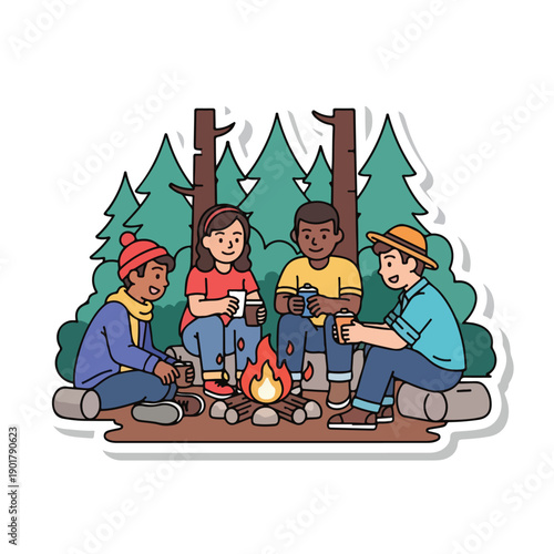 Four friends gather around a campfire in the woods
