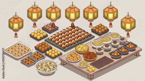 Top-down vector illustration of a traditional celebration spread, featuring various dishes and decorative elements arranged neatly on a table. This overhead view captures a festive gathering's abundan