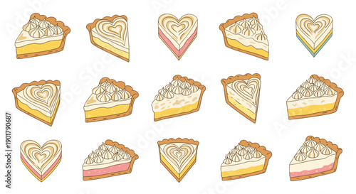 Collection of various pie slices and heartshaped desserts