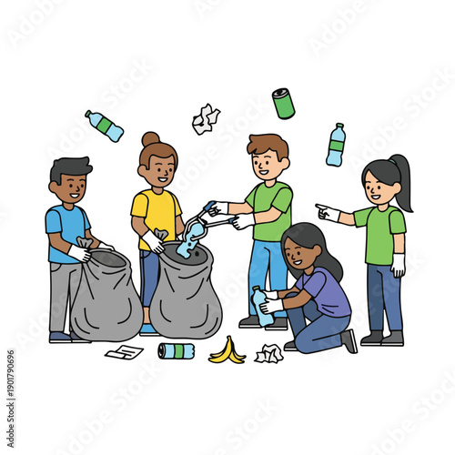 A group of people picking up trash
