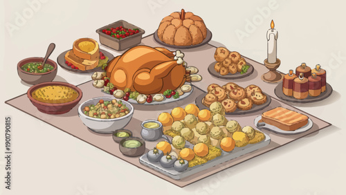 Vector illustration portraying a warm family feast table during a religious celebration, showcasing abundant food and joyful relatives connecting over a shared meal. Perfect for illustrating themes of