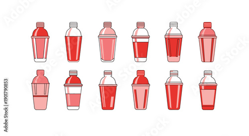 Collection of various red and pink smoothie bottles with straws