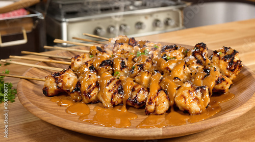 Grilled chicken satay skewers with peanut sauce on wooden plate