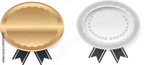 金色と銀色の楕円形メダルにリボンを組み合わせた表彰用バッジデザインセット、受賞・達成・評価を視覚的に伝えるシンプルで高級感のあるアイコン素材