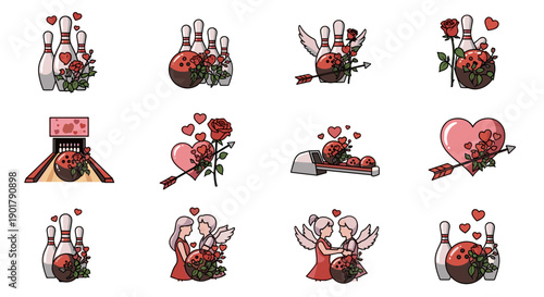 Collection of romantic and lovethemed illustrations with hearts