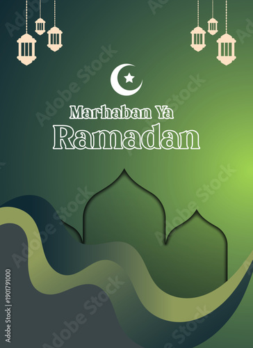 simple design Marhaban ya ramadan Ramadan mubarak greeting card with mosque silhouette and marhaban ya ramadan text