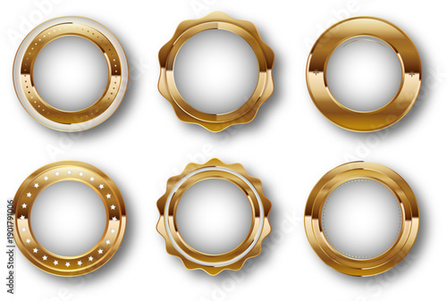 装飾パターンの異なる金色の円形フレームを6種類集めた高級感あふれるデザインセット、文字入れや表彰・バッジ制作に使えるラグジュアリーな抽象フレーム素材