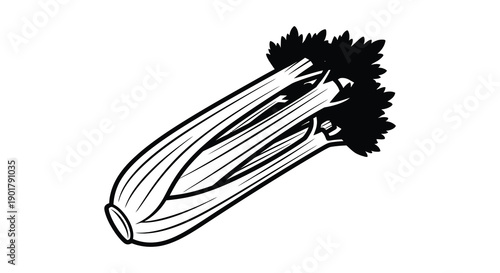A simple black and white illustration depicts a single stalk of celery with leafy greens at the top