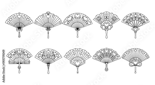 Collection of traditional decorative hand fans with intricate patterns