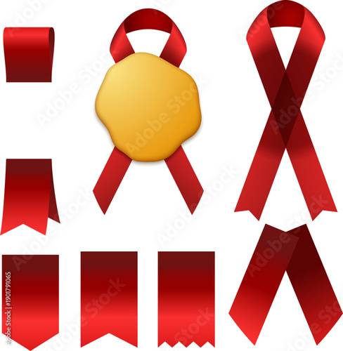 光沢のある赤いリボンを形状別に集めた装飾デザインセット、表彰バッジやラベル制作に使える華やかで汎用性の高いリボン素材集