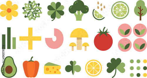 Set of minimalist flat icons featuring organic vegetables fruits and nature elements like clover flowers and trees in a soft earth-tone color palette