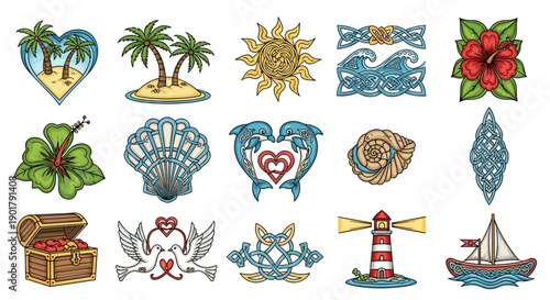 Collection of colorful tropical and nautical themed illustrations