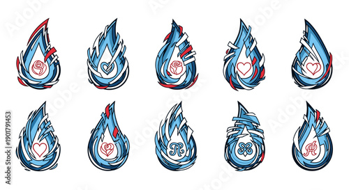Collection of various stylized fire icons with dynamic designs