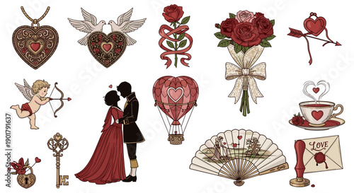 Collection of romantic love symbols including hearts roses and couple