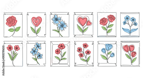 Collection of watercolor pink and blue flowers with green leaves