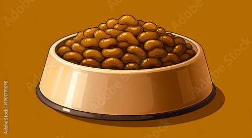 A full dog bowl filled with dry kibble, a common and nutritious pet food choice for canines and other domestic animals
