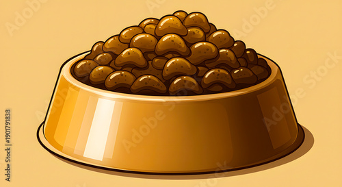 A delightful illustration featuring a golden bowl overflowing with delicious brown pet kibble, meticulously prepared for a beloved companion