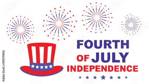 4th of July Independence Day vector illustration with fireworks and top hat, for banner or poster