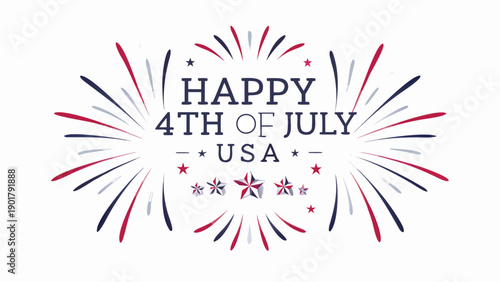 Happy 4th of July USA celebration text with fireworks and stars, patriotic overlay effect for banner or poster, Isolated on transparent background, png