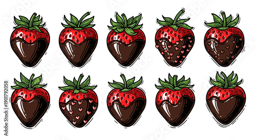 Collection of fresh ripe strawberries with chocolate coating