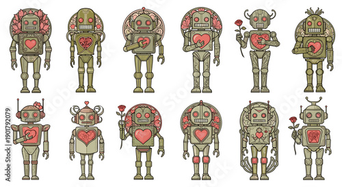 Collection of colorful cartoon robots with various designs and sizes