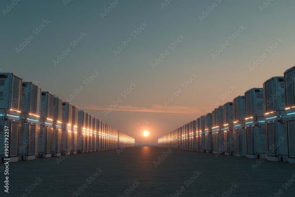 Fototapeta premium Rows of Solar Battery Packs Aligned Under Sunset Glow