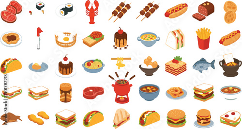 Mega set of global cuisine icons featuring burgers sandwiches tacos hot dogs pasta sushi steaks and desserts in a colorful flat design style on grey background