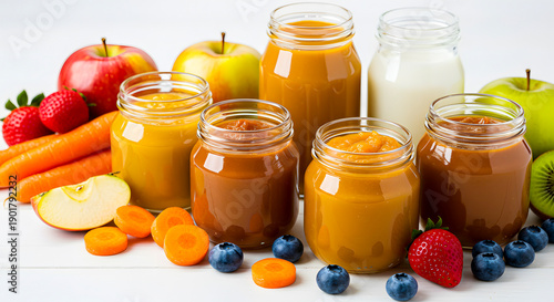 Nutritious assortment of homemade fruit and vegetable purees in glass jars, surrounded by fresh organic ingredients, ideal for healthy baby food and diverse tastes