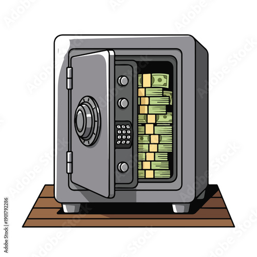 A cartoon safe with its door ajar, revealing stacks of cash