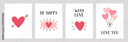Cute Valentines Day greeting card set with hearts arrow, balloons and love messages in soft pink romantic style. Hand drawn posters with lettering on white background
