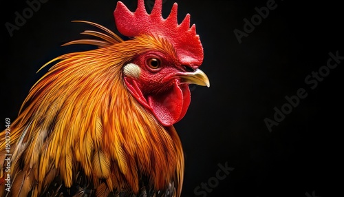 Close-up portrait of a vibrant rooster with striking red comb.