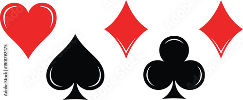 Set of playing card suits symbols hearts, diamonds, and clubs in red and black colors