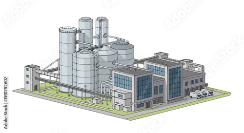 Isometric vector illustration of a modern industrial complex, featuring storage tanks and factory buildings, symbolizing advanced production and processing